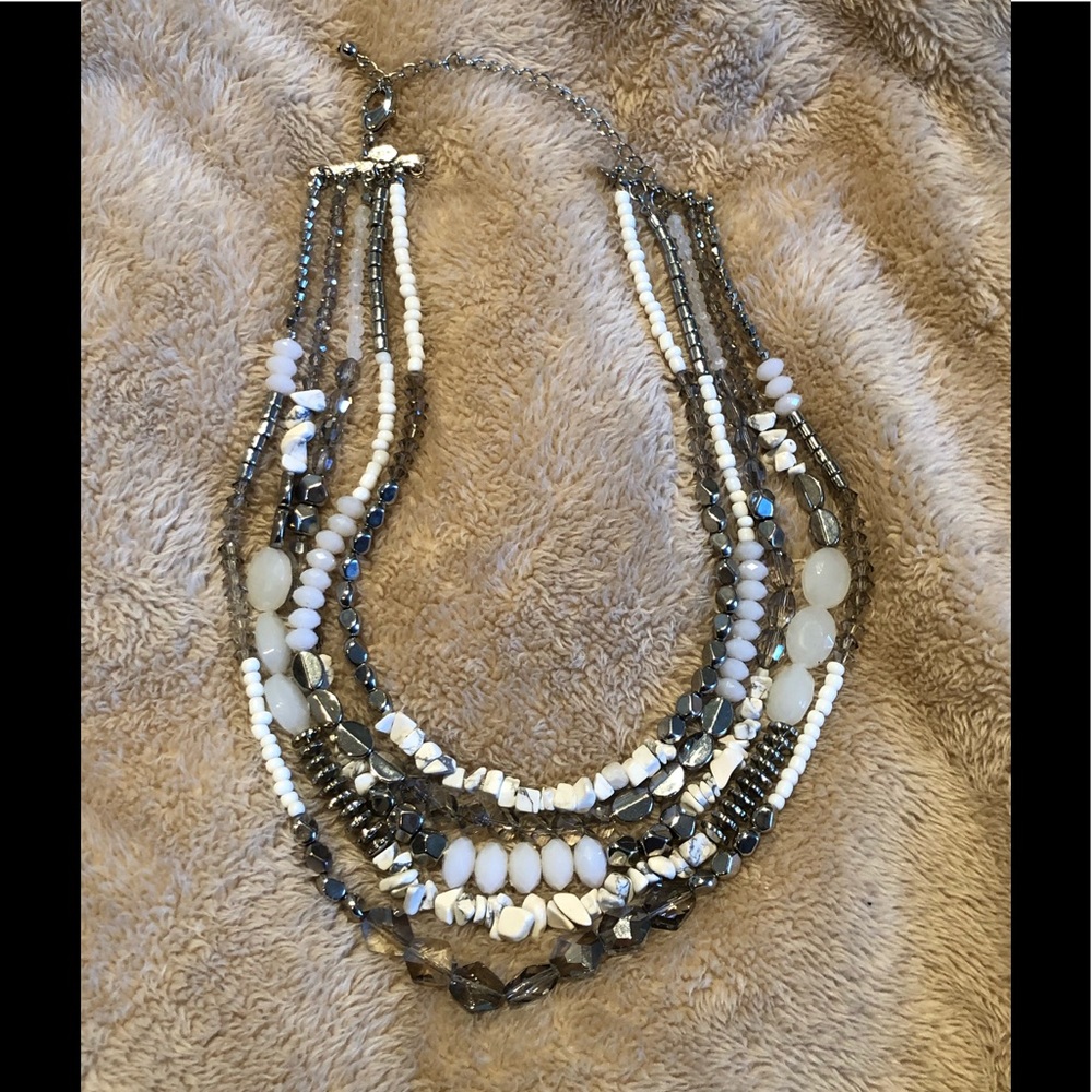 White and silver multistring beaded necklace